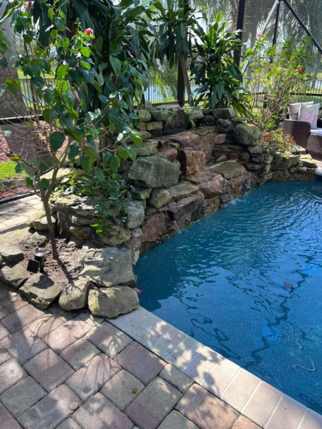 Natural rock waterfall and tropical plantings beside a backyard pool with paver deck